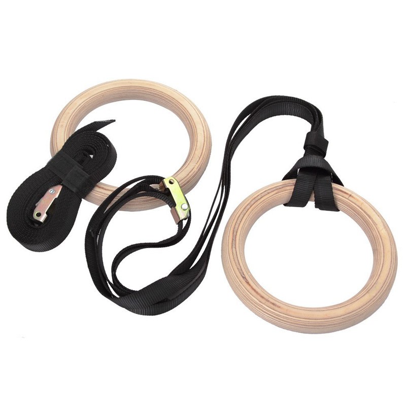 Gymnastic Ring Wood - Fitnessgymnastiekringen met verstelbare lange gespen, houten
